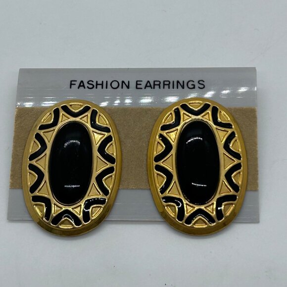 Vintage Pierced Earrings Black Cabochon 80s 90s Gold Tone Etruscan Revival - Picture 2 of 12